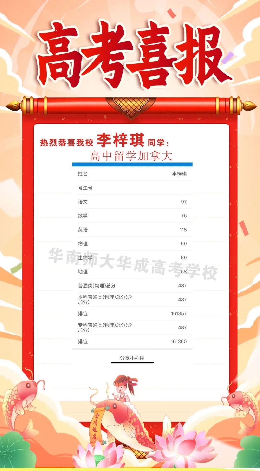 2023年华南师大华成高考成绩通报